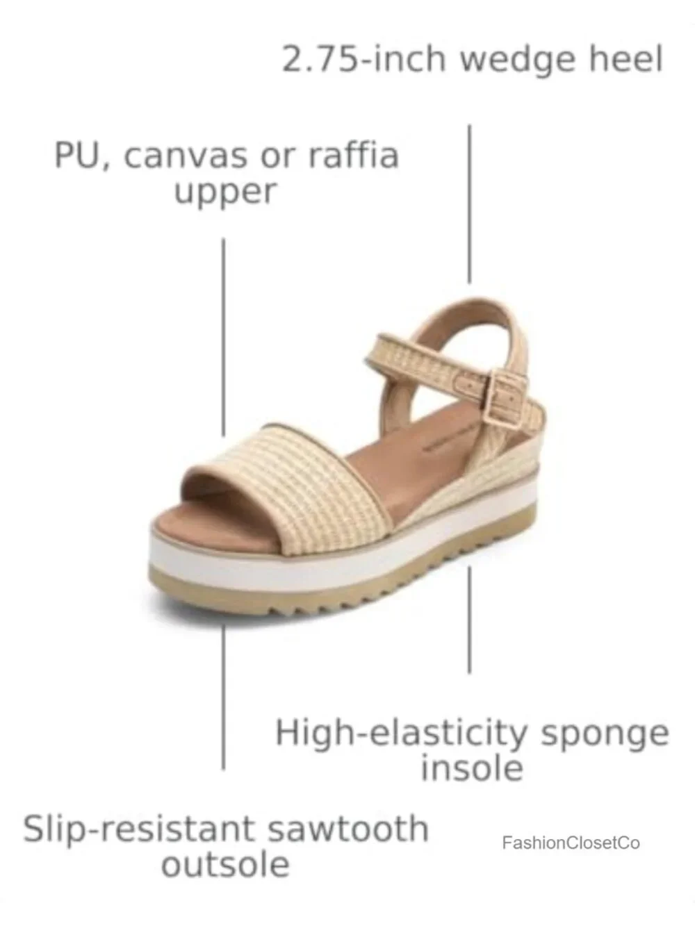 Women's Espadrille Platform Wedge Sandals with Raffia Upper and Buckle Ankle